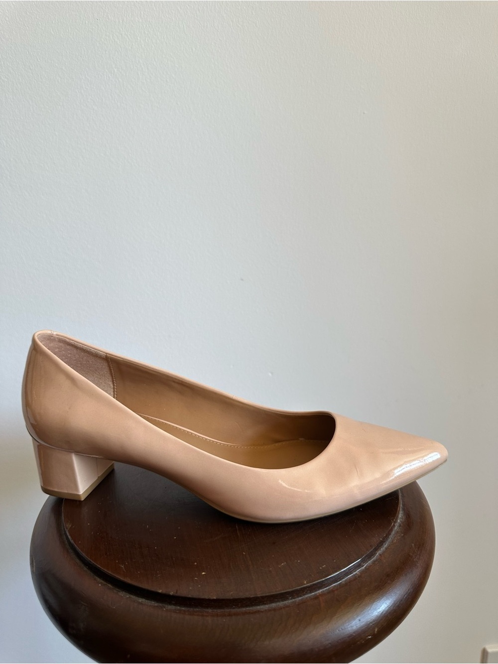 Calvin Klein Patent Pointed-Toe Low Block Heel Pump in Nude Blush